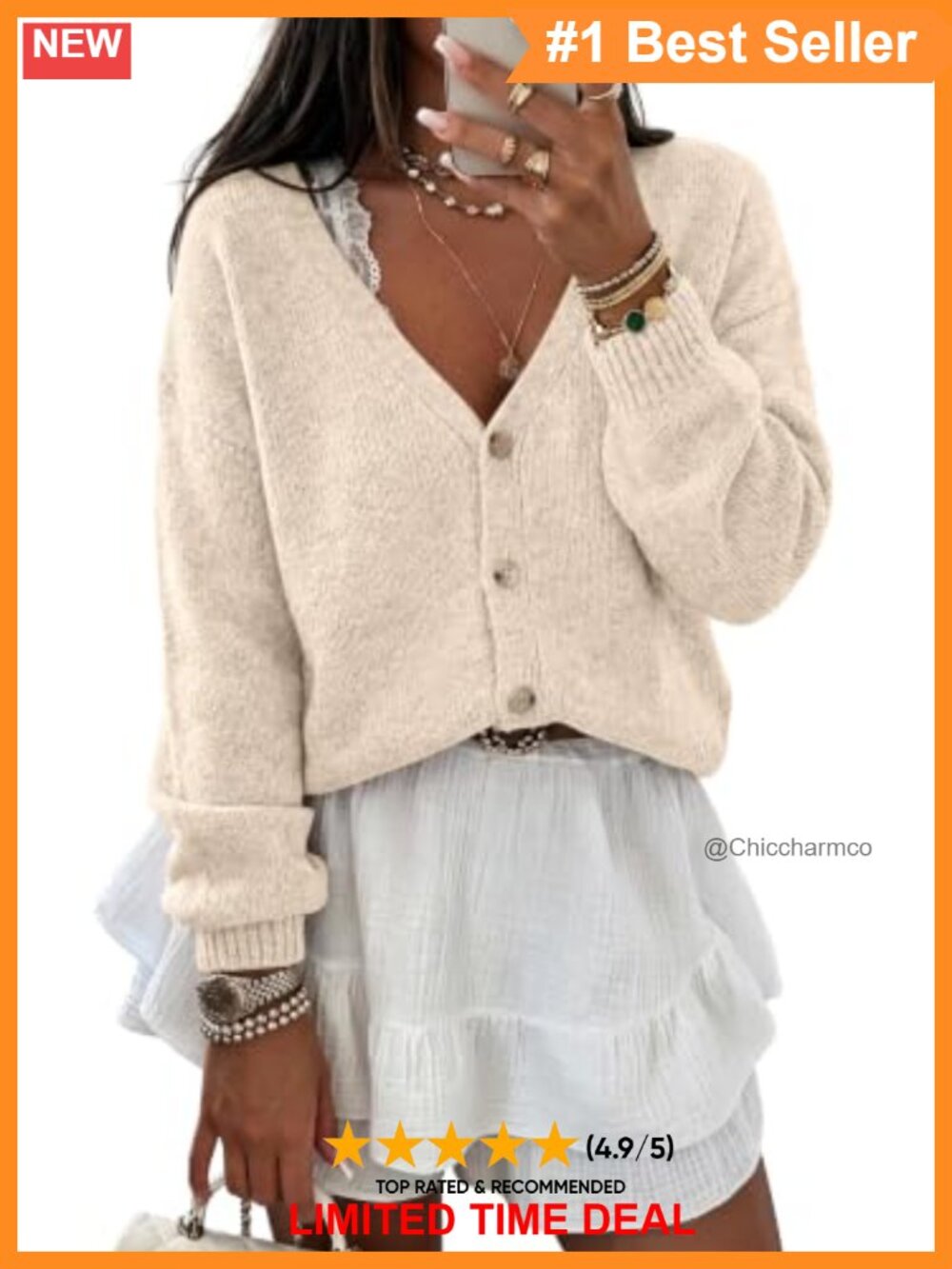 Oversized Cropped V-Neck Button Cardigan Long Sleeve Knit Sweater
